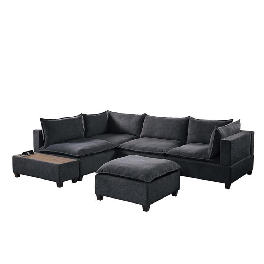 Lilola Home Madison Dark Gray Fabric 6 Piece Modular Sectional Sofa with Ottoman and USB Storage Console Table