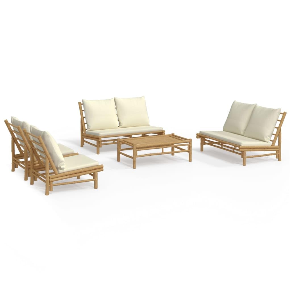 vidaXL 5 Piece Outdoor Patio Lounge Set - Natural Bamboo Finish - Cream White Cushions - Sofa, Chairs, and Coffee Table - Flexible Modular Design