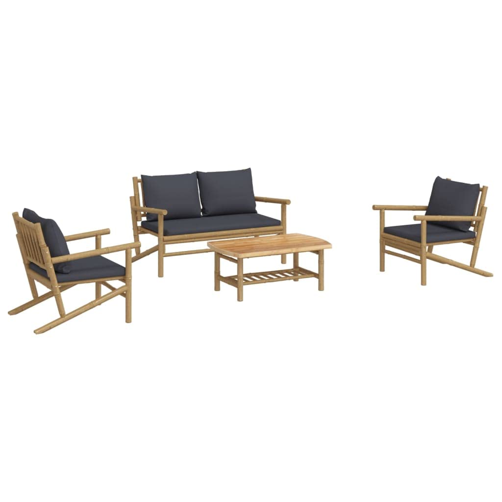 vidaXL Bamboo 4-Piece Patio Lounge Set with Cushions - Rustic Outdoor Furniture Set - Includes Coffee Table, Bench, Garden Chairs - Flexibility and Strength