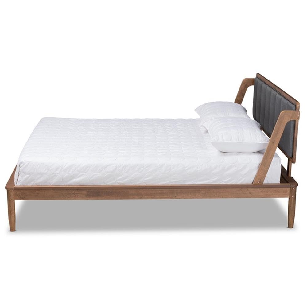Baxton Studio Helsa Mid-Century Modern Dark Grey Fabric Upholstered and Walnut Finished Queen Size Platform Bed