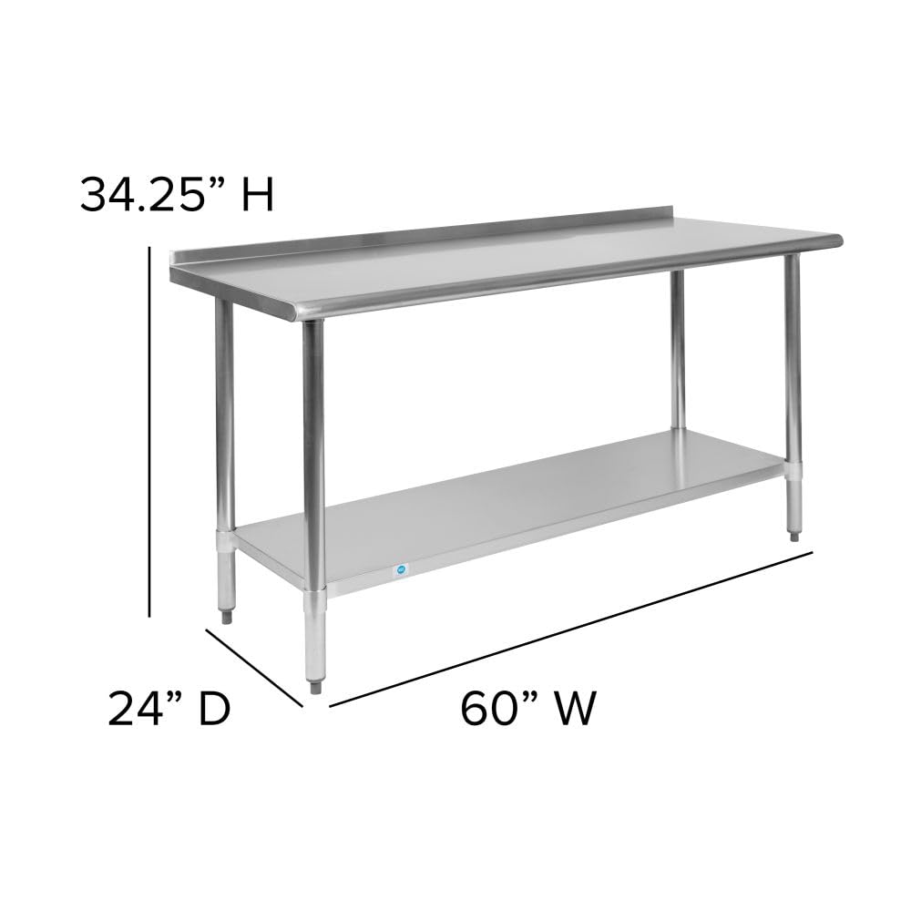 Flash Furniture Contemporary 18 Gauge Stainless Steel Rectangle Work Table With 1.5' Backsplash And Adjustable Undershelf - 60' W X 24' D X 36' H