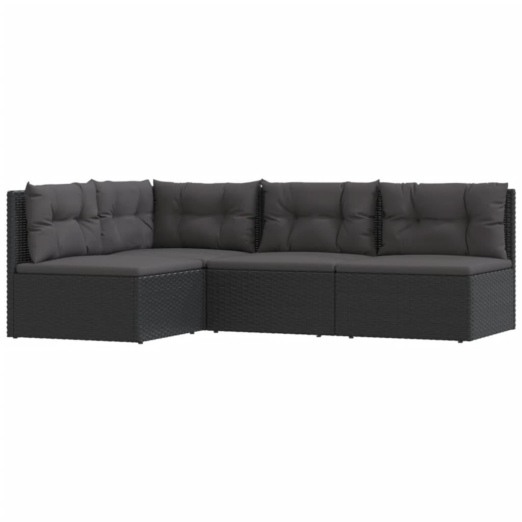 vidaXL 4 Piece Modern Patio Lounge Set - Outdoor Black Poly Rattan Furniture with Cushions, Weather Resistant, Durable Material, Adjustable Corner Sofa, Easy Assembly