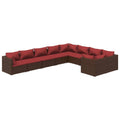 vidaXL 9 Piece Patio Lounge Set with Cushions - Poly Rattan Outdoor Furniture, Brown and Red, Easy Assembly, Weather-Resistant, Comfortable Fabric Cushions