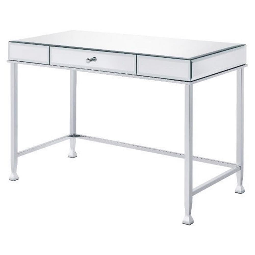 Acme Canine Rectangular Wood Top Writing Desk in Mirrored and Chrome