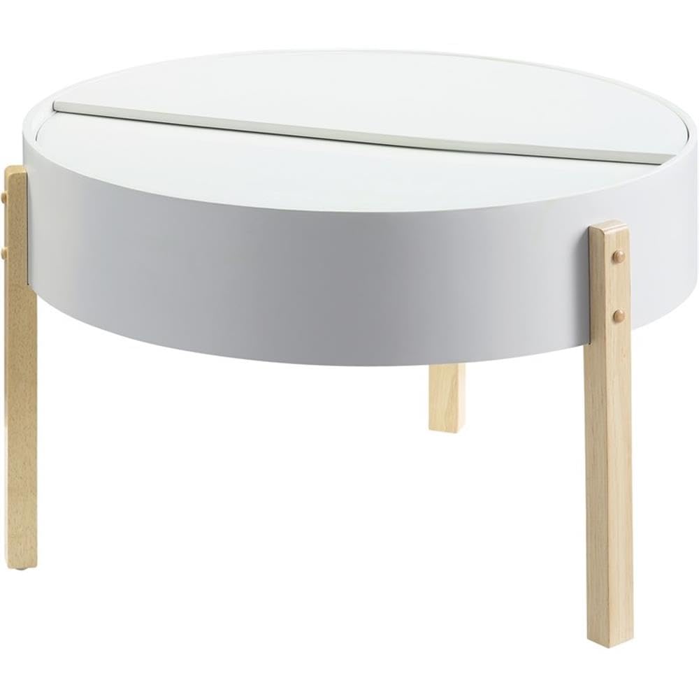 Acme Bodfish Round Wooden Coffee Table With Hidden Storage In White And Natural