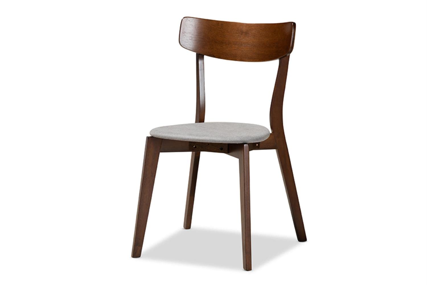 Baxton Studio Reba Mid-Century Modern Light Grey Fabric Upholstered and Walnut Brown Finished Wood 5-Piece Dining Set with Faux Marble Dining Table