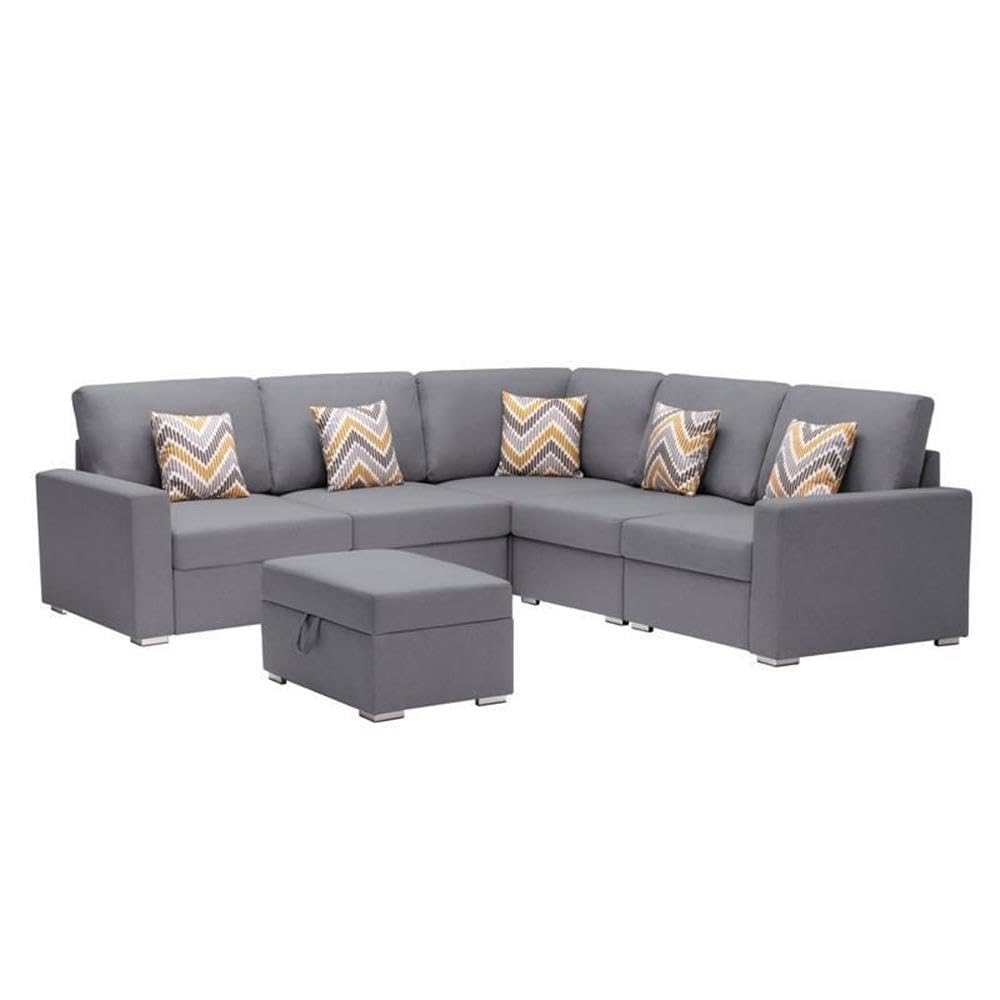 Lilola Home Nolan Gray Linen Fabric 6Pc Reversible Sectional Sofa with Pillows, Storage Ottoman, and Interchangeable Legs