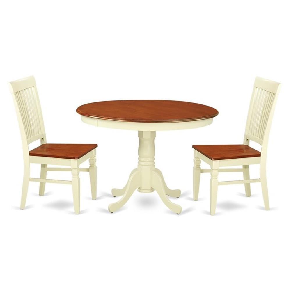 East West Furniture HLWE3-BMK-W 3 Piece Dinette Set for Small Spaces Contains a Round Dining Table with Pedestal and 2 Dining Chairs, 42x42 Inch, Buttermilk & Cherry