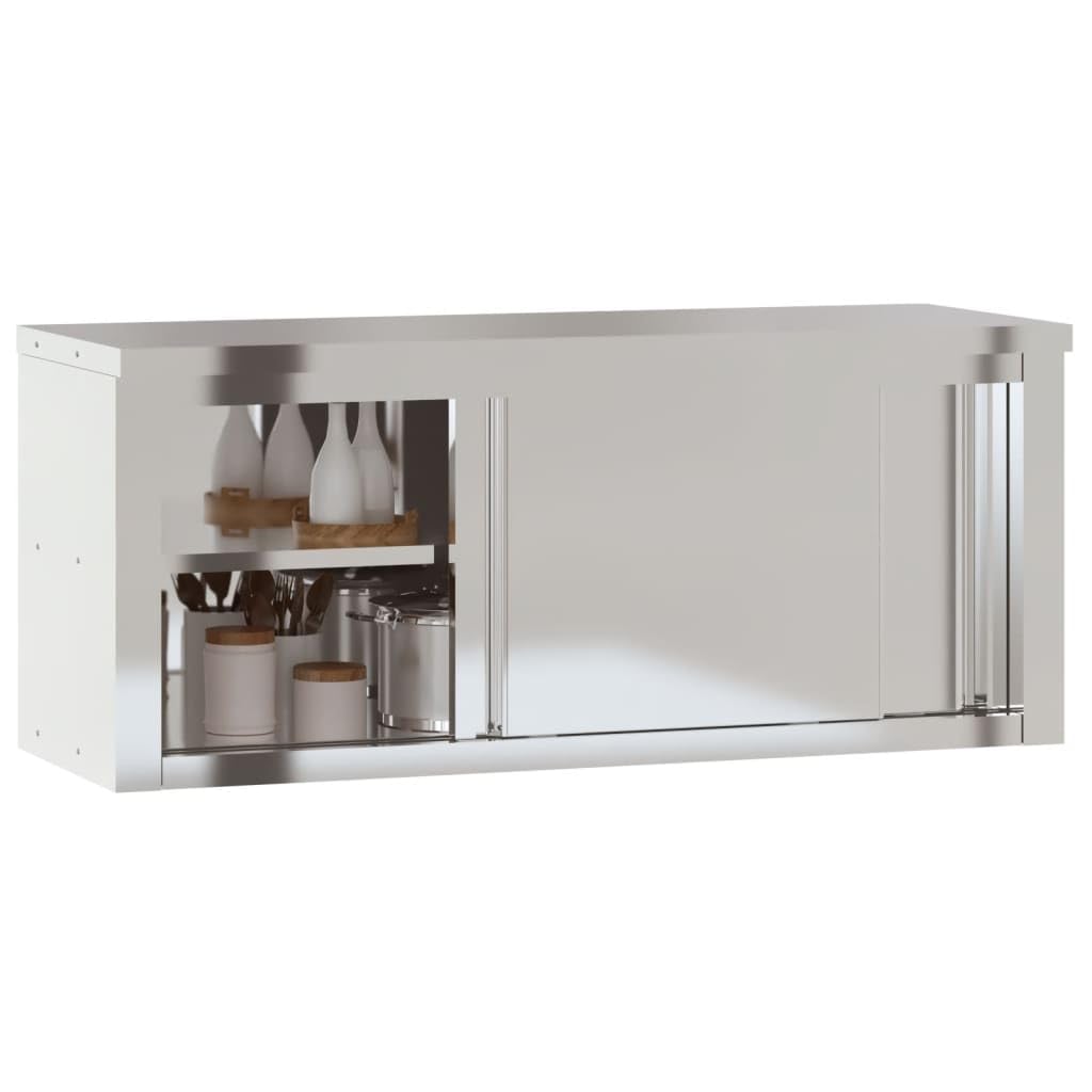 vidaXL Stainless Steel Kitchen Wall Cabinet with Sliding Doors - 43.3x15.7x18.1 in, Silver, Wall-Mount Storage for Commercial Kitchens, Bars, Schools, 376443