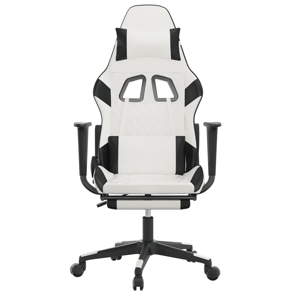 vidaXL Adjustable Gaming Chair with Footrest, Faux Leather, White and Black, Rolling Castors, 360 Degree Swivel, Sturdy Metal and Plywood Frame