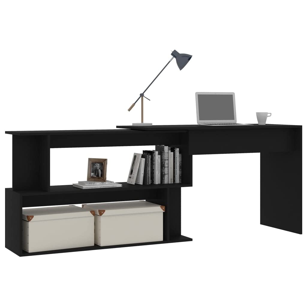 vidaXL Corner Desk, Computer Desk with Open Compartments, Home Office Desk, Workstation Table, Modern Style, Black Engineered Wood