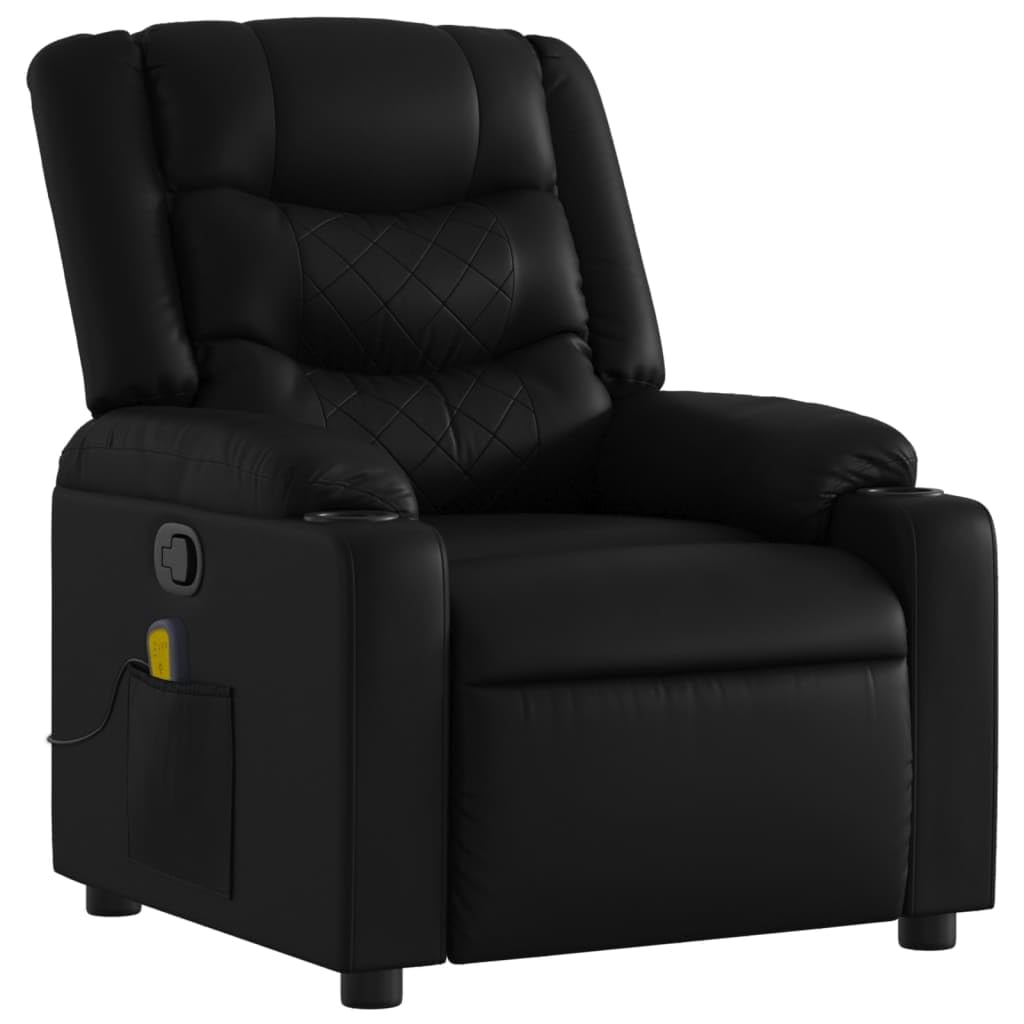 vidaXL Black Faux Leather Massage Recliner Chair - Manual Reclining Armchair with Vibration, Cup Holders, Side Pocket, 6-Point Massage, Living Room, Standard, 3206831