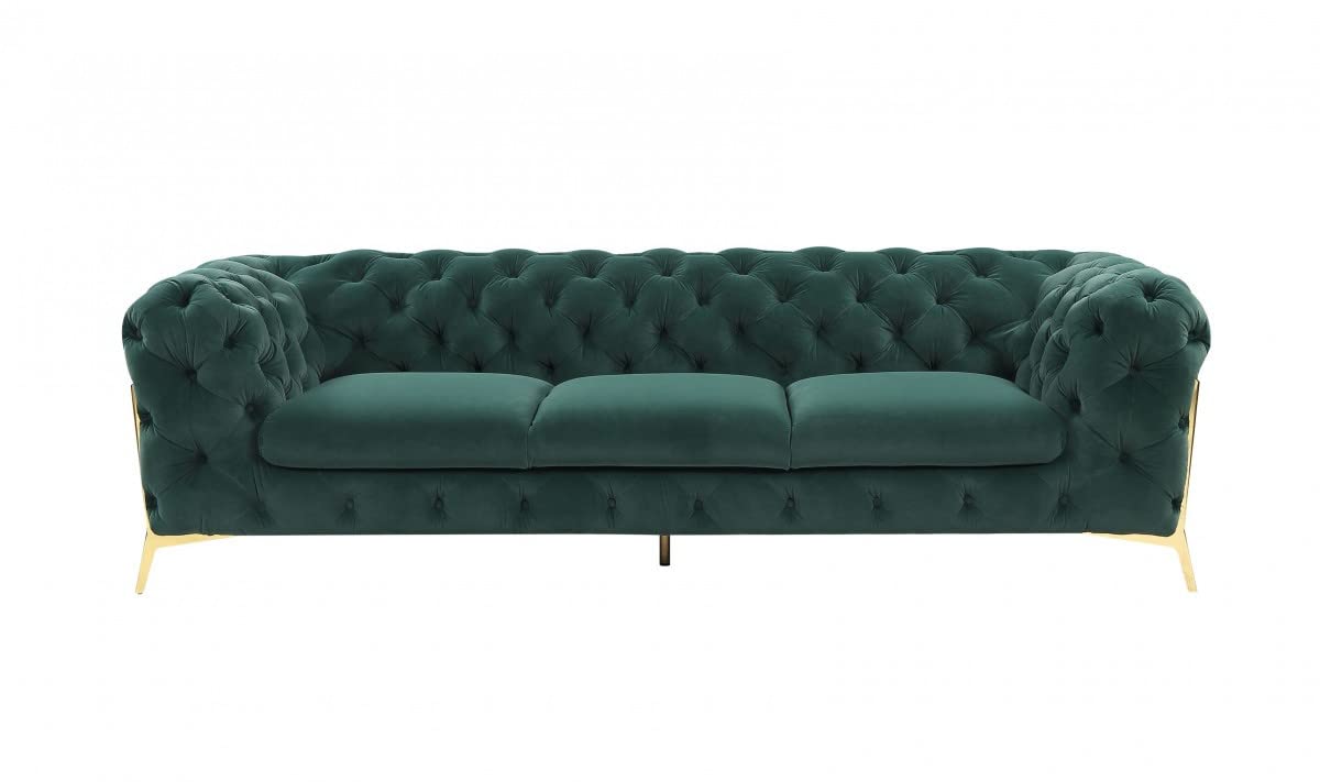 HomeRoots Emerald Green, Gold Glam 97' Green Velvet and Gold Accent Sofa