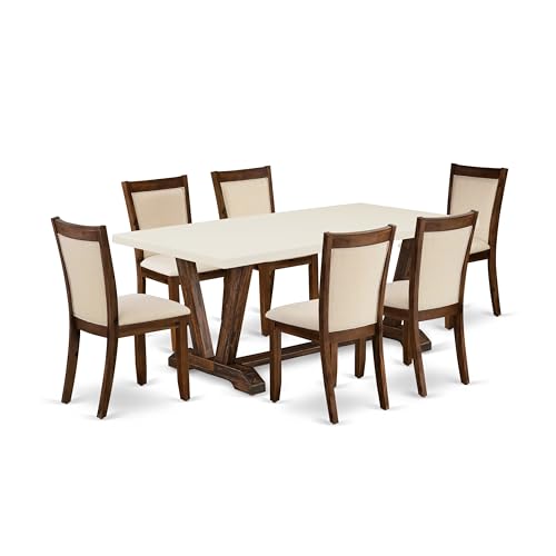 East West Furniture V727Mzn32-7 7 Piece Dining Table Set Consist Of A Rectangle Kitchen Table With V-Legs And 6 Light Beige Linen Fabric Parson Dining Chairs, 40X72 Inch, Multi-Color