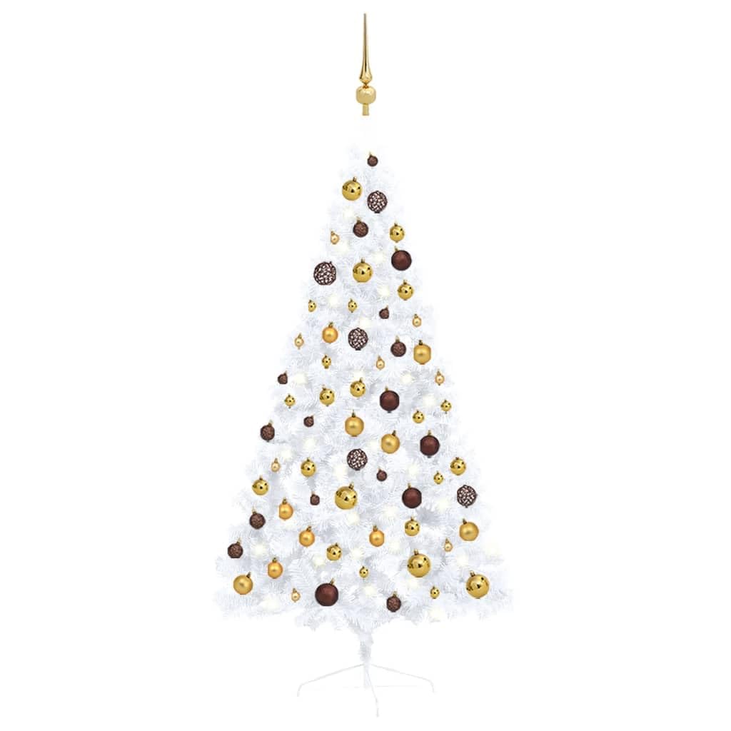 vidaXL Artificial Half Christmas Tree Pre-Lit with LED Lights and Gold and Bronze Ball Set - 59.1&quot; White PVC Christmas Tree with Steel Stand