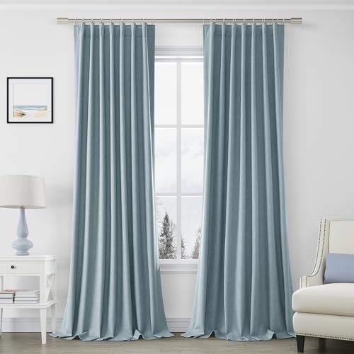 Joywell Blue Linen 100% Blackout Curtains 102 Inches Long, Rod Pocket,Back Tab,Hook Belt,Thermal Insulated Pinch Pleated Window Drapes Noise Cancelling For Bedroom Living Room(2 Panels,52 X 102)