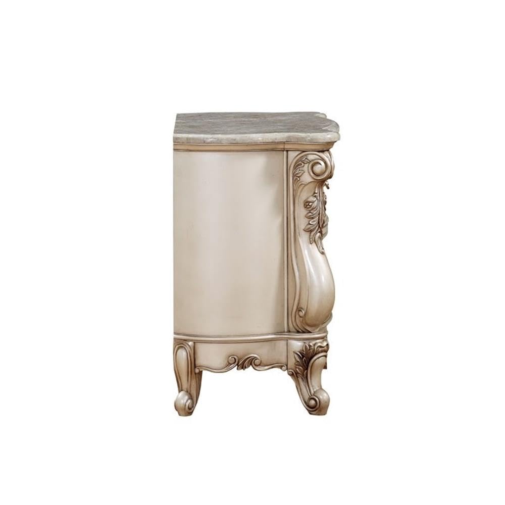 Acme Gorsedd 2-Drawer Wooden Nightstand with Marble Top in Golden Ivory