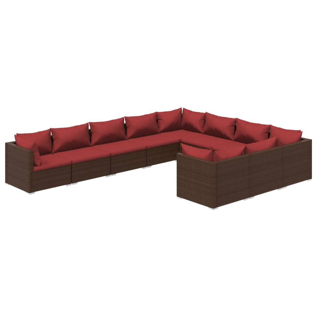 vidaXL 10-Piece Patio Lounge Set – Weather-Resistant Poly Rattan, Powder-Coated Steel Frame - Brown PE Rattan Cushioned Loungers with Cinnamon Red Fabric