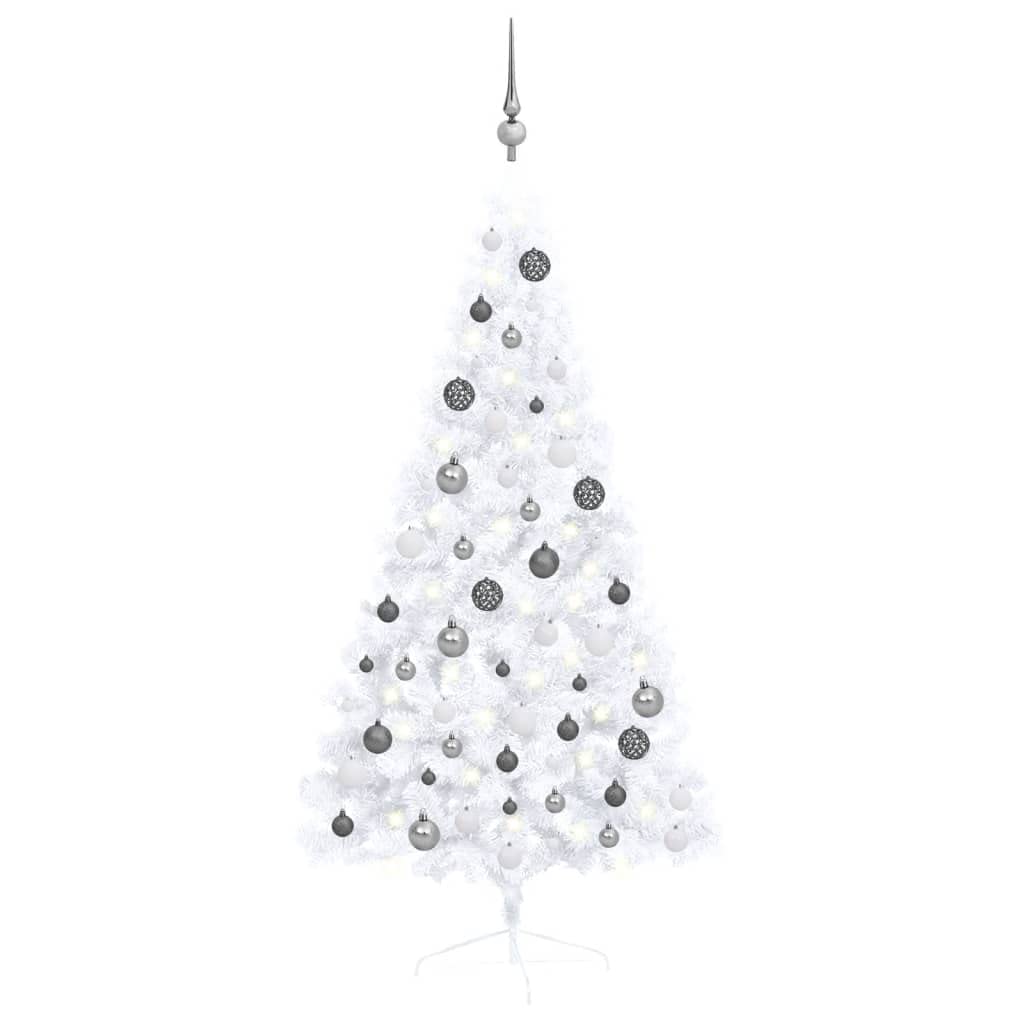 vidaXL White Half Christmas Tree with Energy-Efficient LED Lights and Ball Set - Durable PVC Material with Steel Feet - Space Saving Design