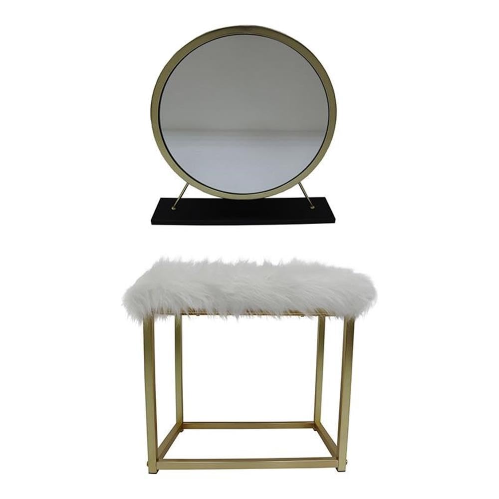 Acme Adao Metal Vanity Mirror and Stool in Black and Brass