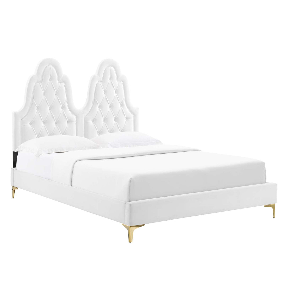 Modway Alexandria Tufted Performance Velvet Queen Platform Bed in White with Gold Legs