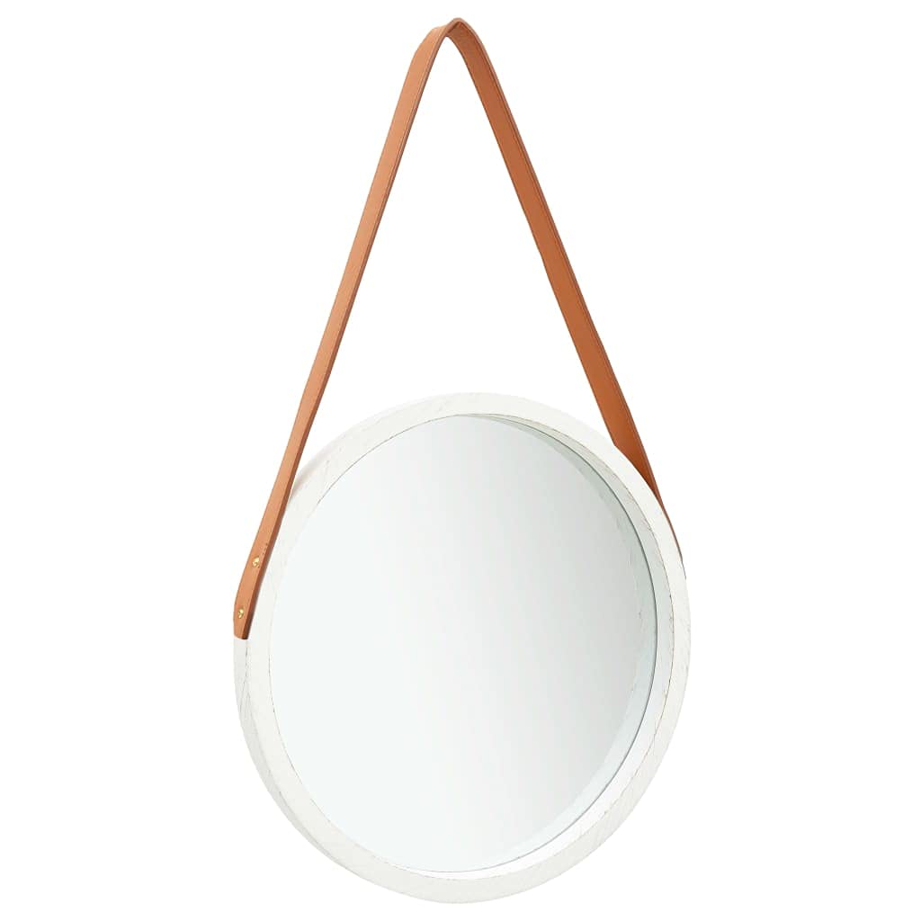 vidaXL Hanging Wall Mirror with Adjustable Strap, 15.7&quot; Diameter, Faux Leather and Paulonia Wood Material, Retro Round Design in White Color