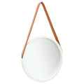 vidaXL Hanging Wall Mirror with Adjustable Strap, 15.7" Diameter, Faux Leather and Paulonia Wood Material, Retro Round Design in White Color