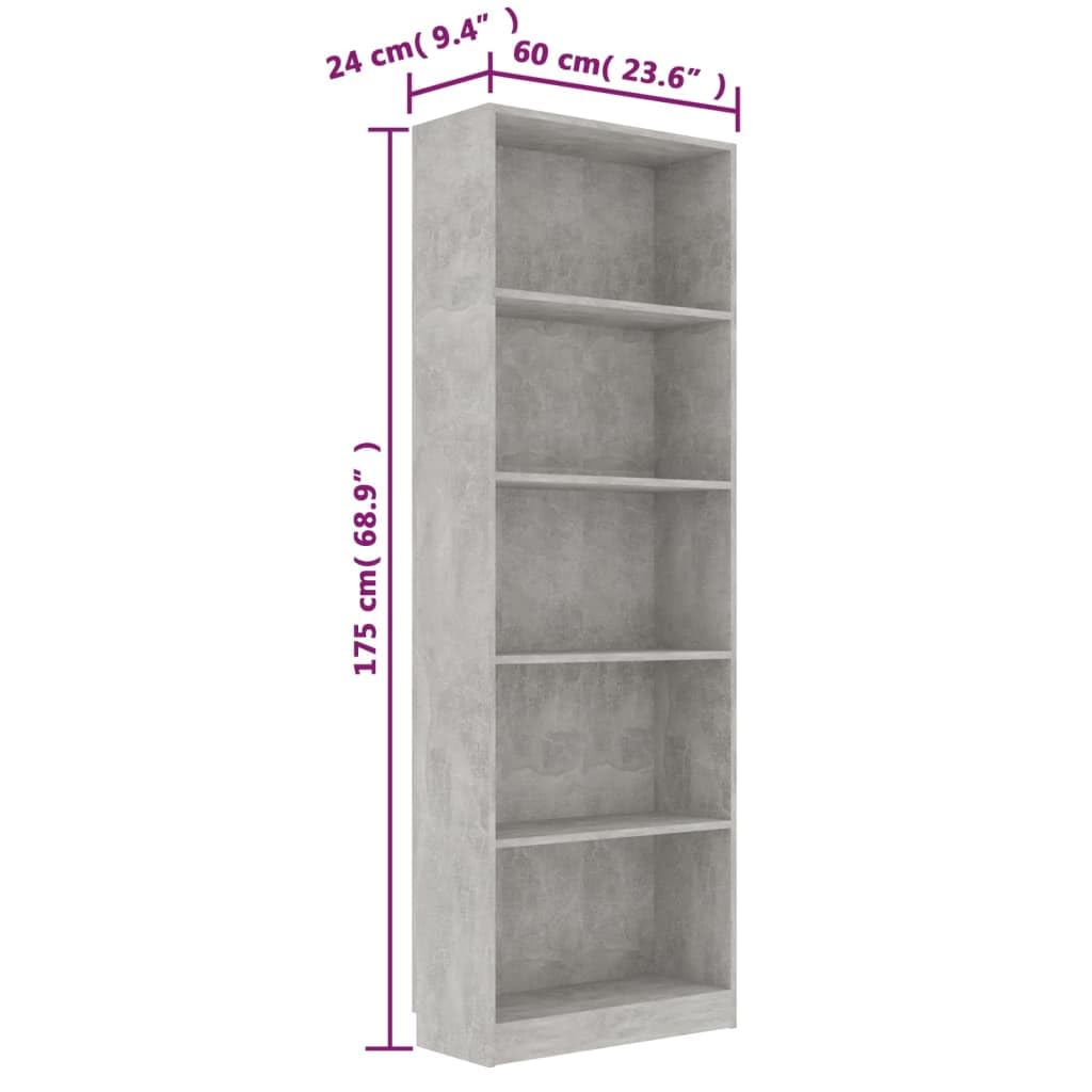 vidaXL 5-Tier Book Cabinet Concrete Gray 23.6&quot;x9.4&quot;x68.9&quot; Chipboard
