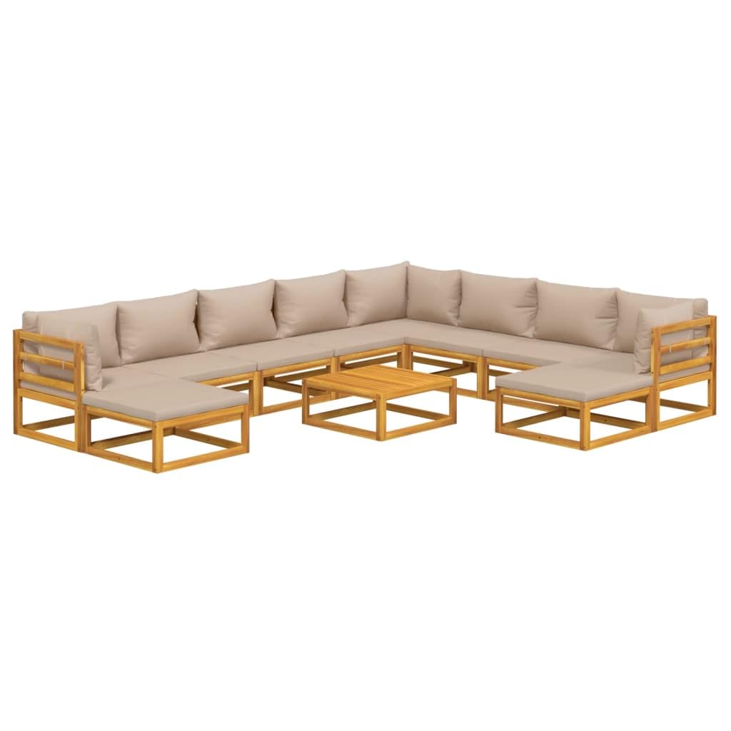 vidaXL Patio Furniture Set - 11 Piece Solid Acacia Wood Lounge Set with Coffee Table - Taupe Cushions