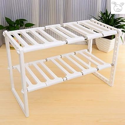 Packcy Under Sink Storage Organizer Rack  Adjustable 2 Tier Kitchen Cabinet Shelf With Plastic Countertop | Space Saving Holder