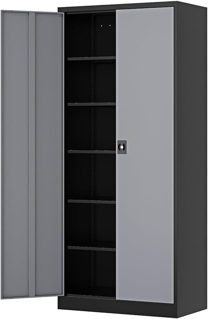 Fesbos 71” Tall Metal Storage Cabinet- Steel File Cabinets With Lockable Doors And Adjustable Shelves-Black&Gray Steel Storage Cabinet For Home,Kitchen, School, Office, Garage