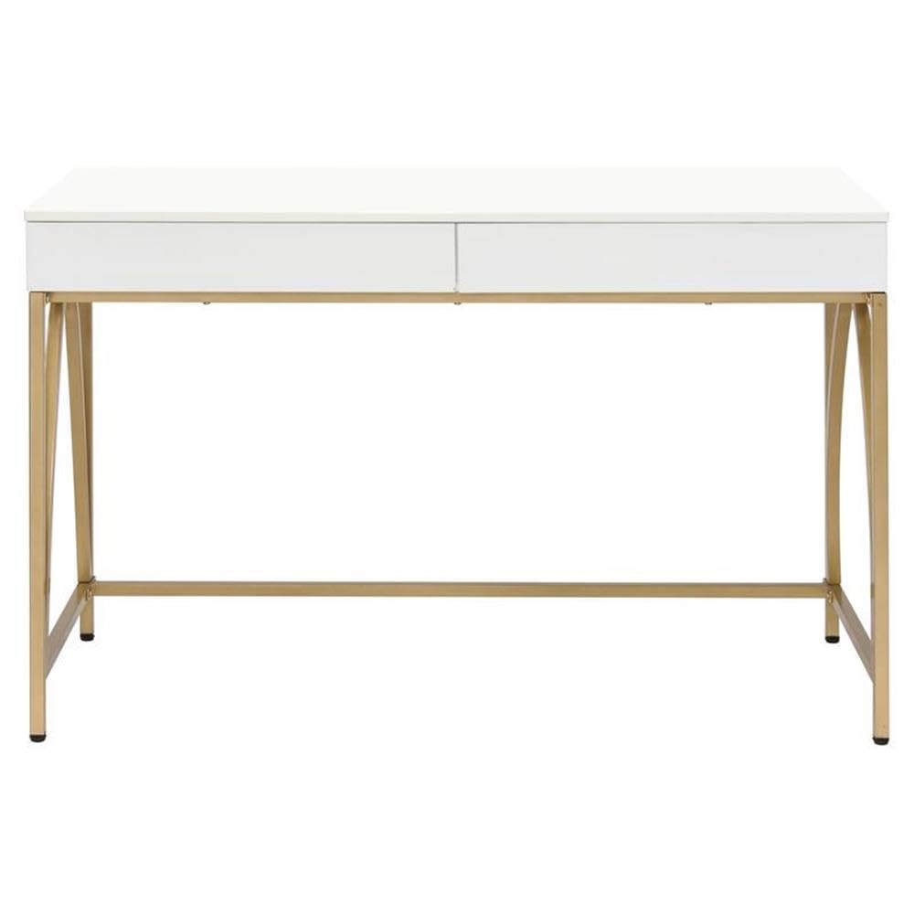 Acme Lightmane Wooden Top Writing Desk in White High Gloss and Gold