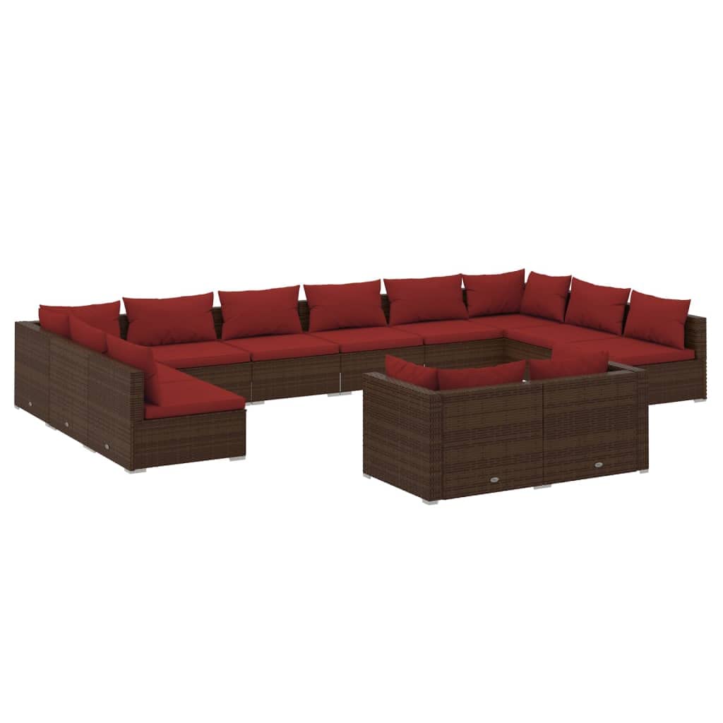 vidaXL 12-Piece Outdoor Patio Lounge Set with Cushions - Brown Poly Rattan - Modular Design for Flexible Arrangement - Sturdy Po
