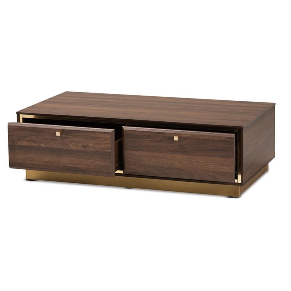 Baxton Studio Cormac Mid-Century Modern Transitional Walnut Brown Finished Wood and Gold Metal 2-Drawer Coffee Table