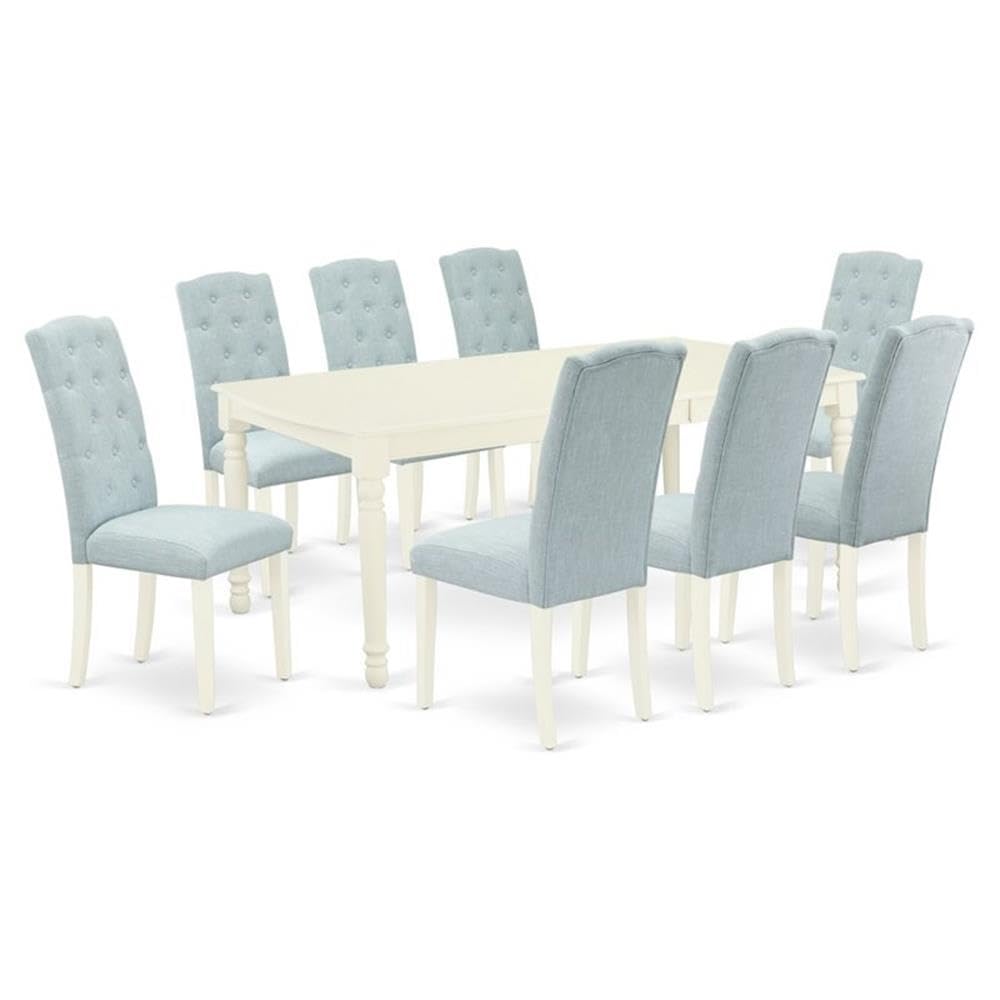 East West Furniture Doce9-Lwh-15 9 Piece Dining Table Set Includes A Rectangle Dining Room Table With Butterfly Leaf And 8 Baby Blue Linen Fabric Parsons Chairs, 42X78 Inch, Linen White