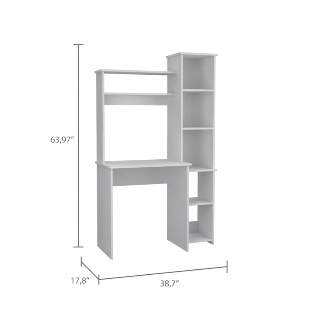 Aramis Ergonomic Desk with 5 Shelves and 2 Larger Shelves, 63.9" H, White