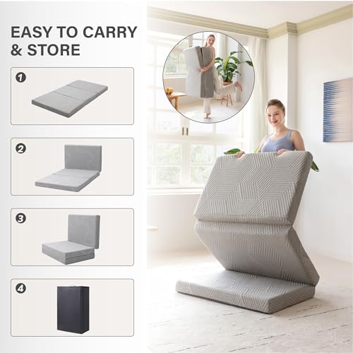 Tri-Fold Memory Foam Mattress, 4 Inch Twin Xl Folding Mattress With Collapsible And Washable Cover, Travel And Guest Mat, 80'×38'×4', Grey