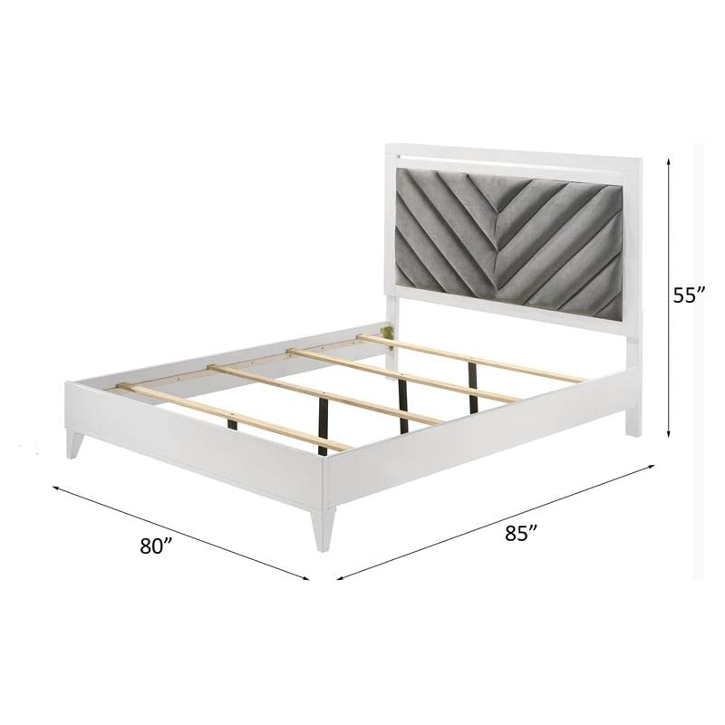 Acme Chelsie Wooden Eastern King Bed with Velvet Headboard in Gray and White