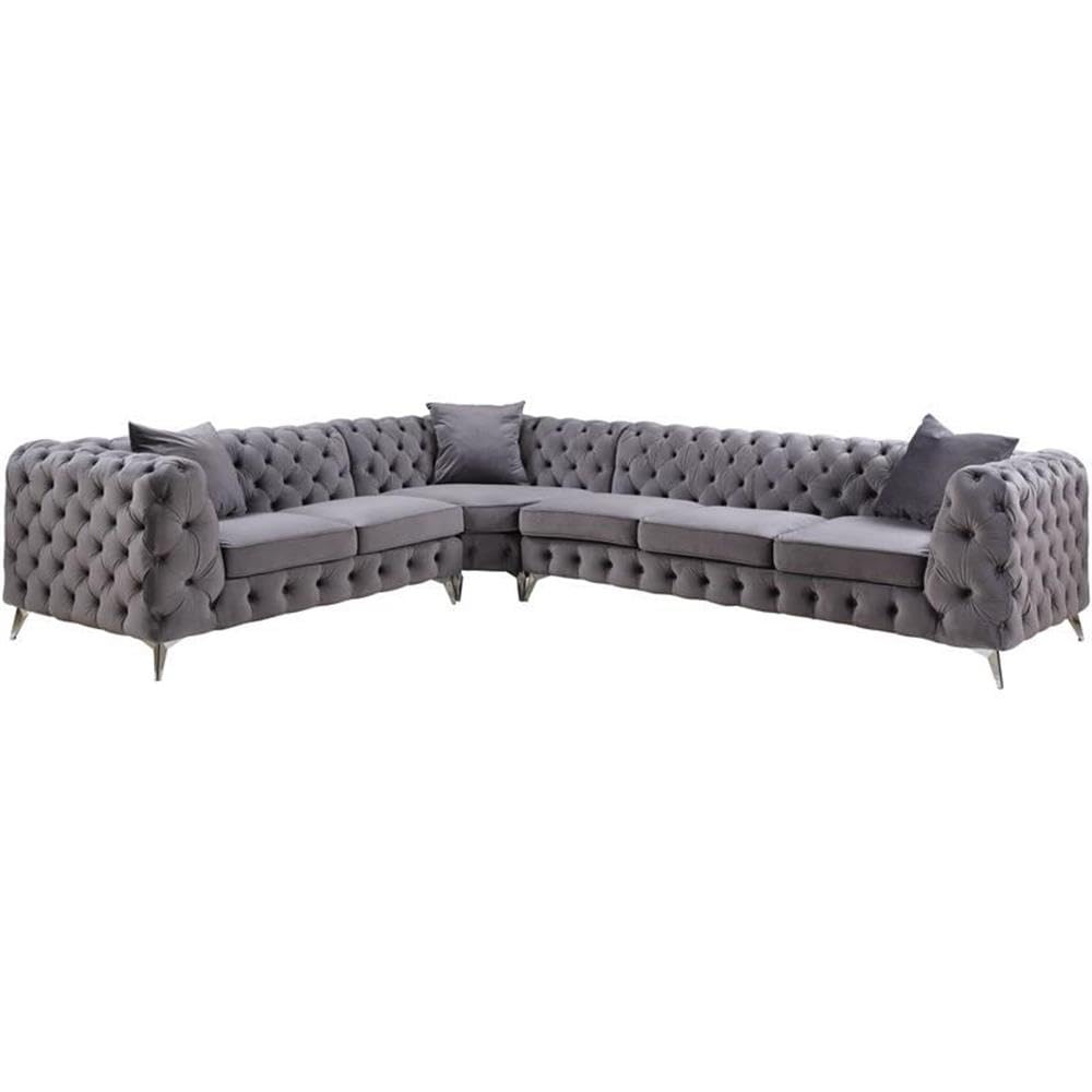 Acme Wugtyx Tufted Sectional Sofa with 3 Pillows in Dark Gray Velvet