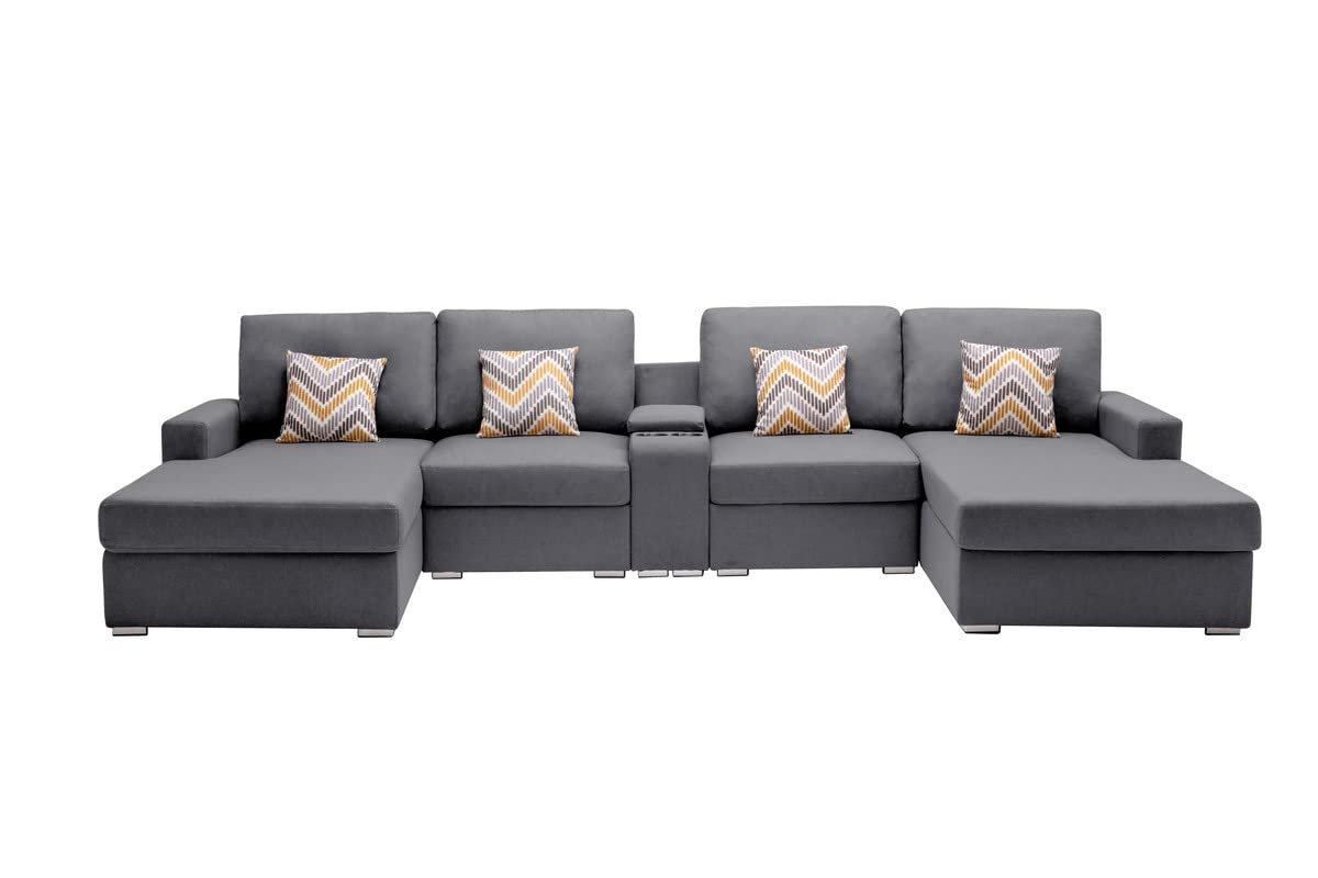 Lilola Home Nolan Gray Linen Fabric 5Pc Double Chaise Sectional Sofa with Interchangeable Legs, a USB, Charging Ports, Cupholders, Storage Console Table and Pillows