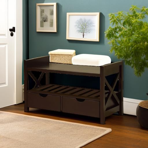 Pilaster Designs Contemporary Tavia Shoe Storage Bench with Drawers & Open Shelf, Cherry Wood