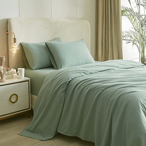 Highbuy Sage Green Sheets For Queen Size Bed,4 Piece Cooling Sheets Queen Deep Pocket Up To 16 Inch,Solid Bedding Sheets & Pillo