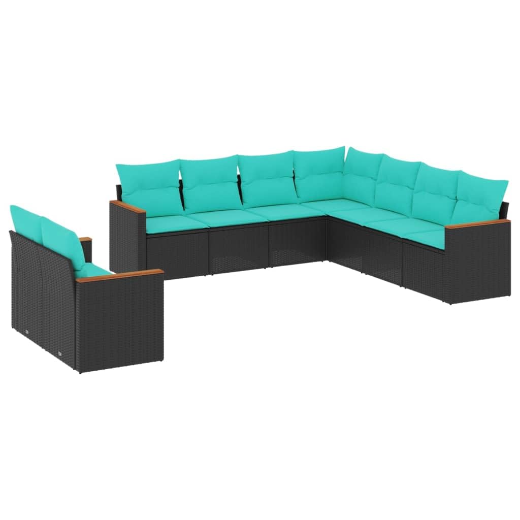 vidaXL - Patio Sofa Set with Cushions 9 Piece Black Poly Rattan Outdoor/Garden Furniture - Modular Weather-Resistant Seating for Patio/Terrace - Includes Blue Cushions and Storage Bags