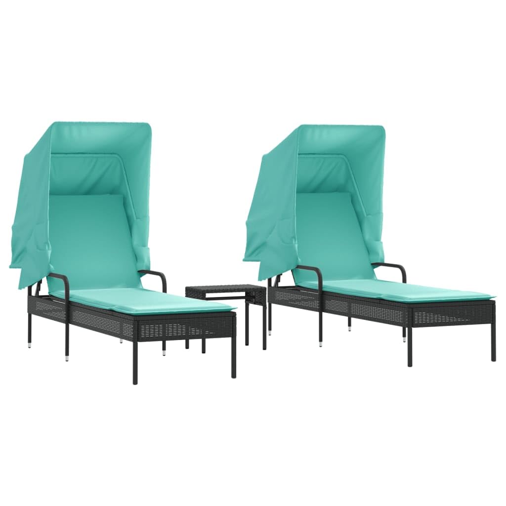 vidaXL Sun Loungers with Canopies and Table Furniture - Adjustable Reclining Patio/Garden Chaise Lounge Set, Black Poly Rattan, Turquoise Cushions