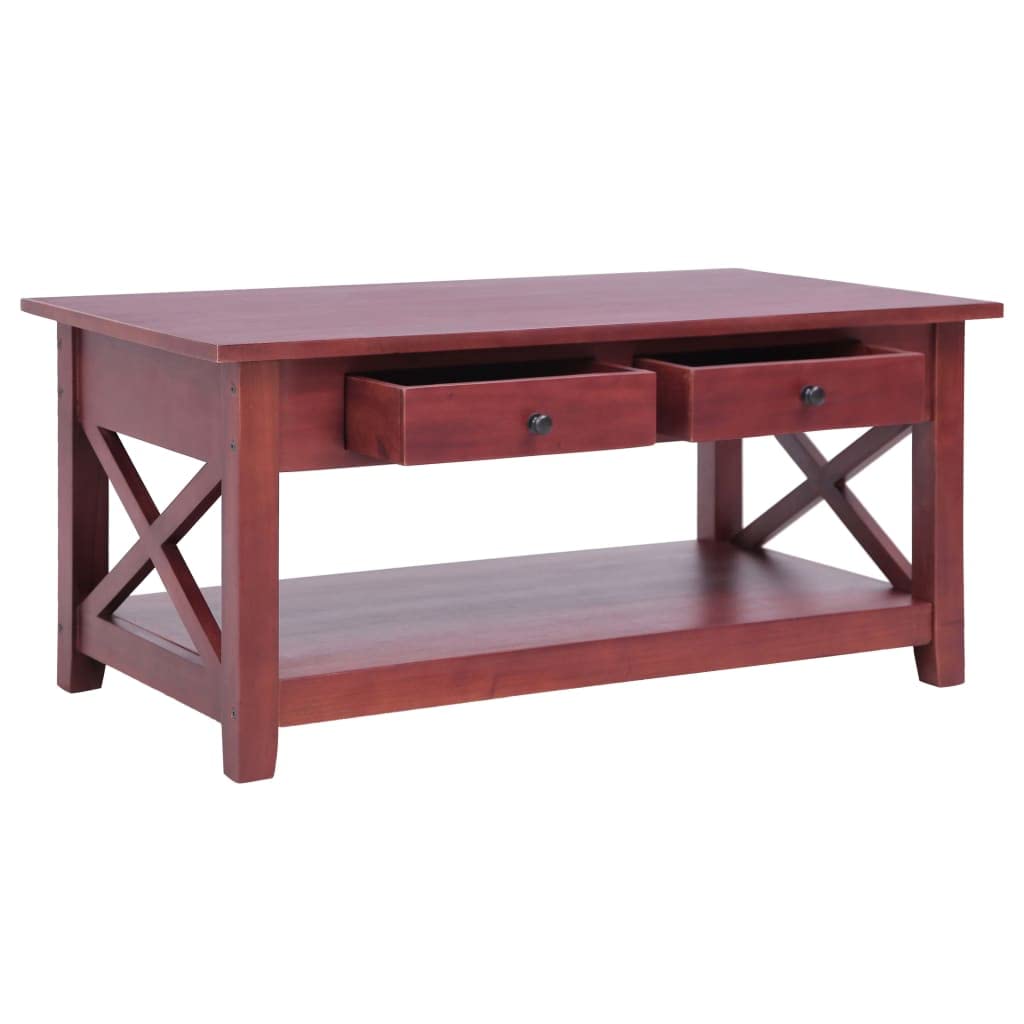 vidaXL Solid Mahogany Wood Coffee Table with 2 Drawers and Shelf, Brown Lacquer Finish, Classic Design, Sturdy Frame, Ideal Living Room Furniture