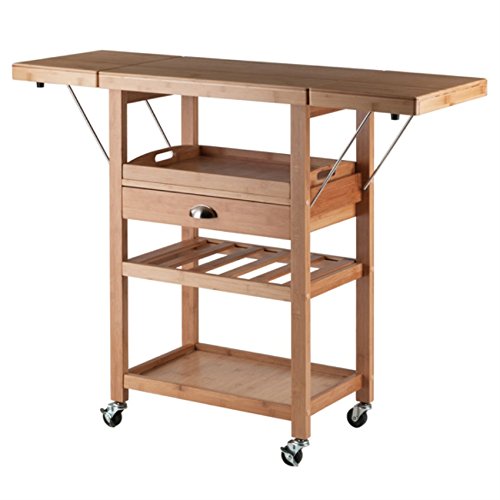 Barton Kitchen Cart: Expandable, Eco-Friendly Bamboo, Wine Rack, Removable Tray, Storage Shelves, Locking Casters. 45.2' W x 14.8' D x 35.4' H.