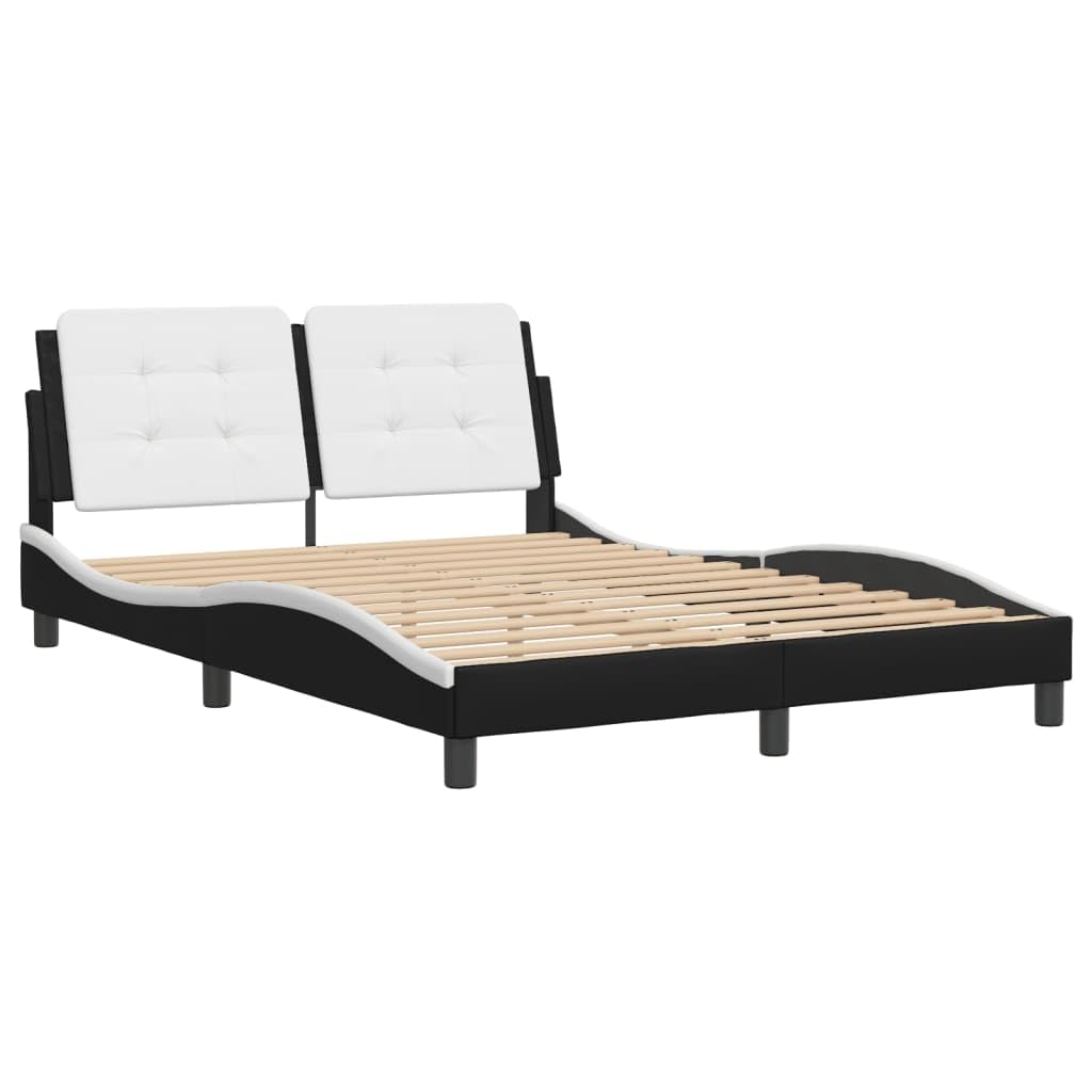 vidaXL Full Faux Leather Bed Frame with Headboard - Black/White - 53.9x74.8 - Modern Waved Design - Plywood Slats & Foam Headboard