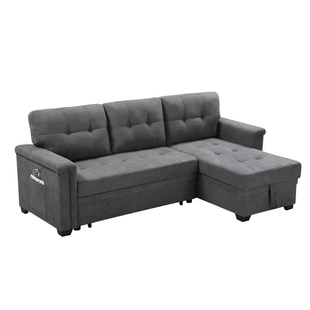 Lilola Home Kinsley Gray Woven Fabric Sleeper Sectional Sofa Chaise with USB Charger and Tablet Pocket