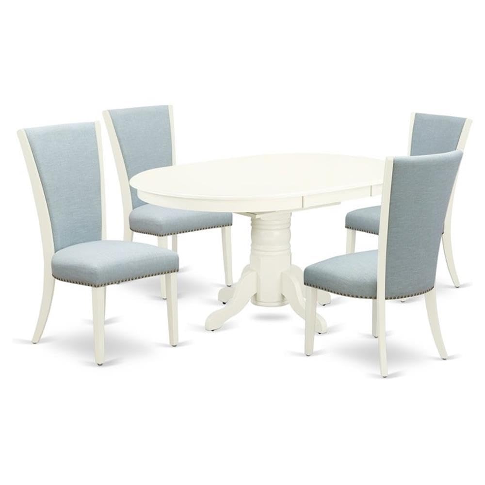 East West Furniture Avve5-Lwh-15 5 Piece Dining Table Set Includes An Oval Kitchen Table With Butterfly Leaf And 4 Baby Blue Linen Fabric Parson Dining Chairs, 42X60 Inch, Linen White