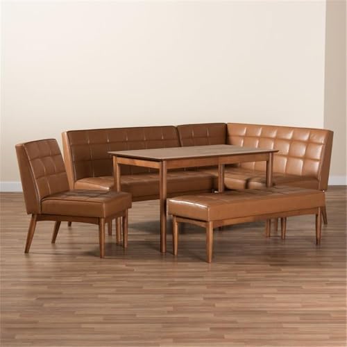 Baxton Studio Sanford Mid-Century Modern Tan Faux Leather Upholstered and Walnut Brown Finished Wood 5-Piece Dining Nook Set